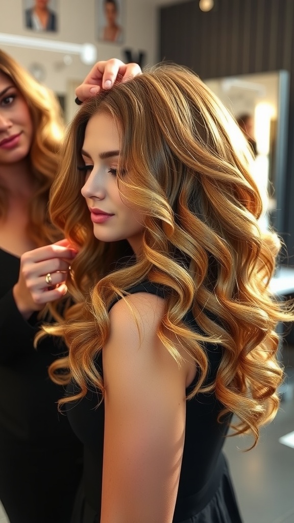 Glamorous clamp curls styled on a model in a salon.